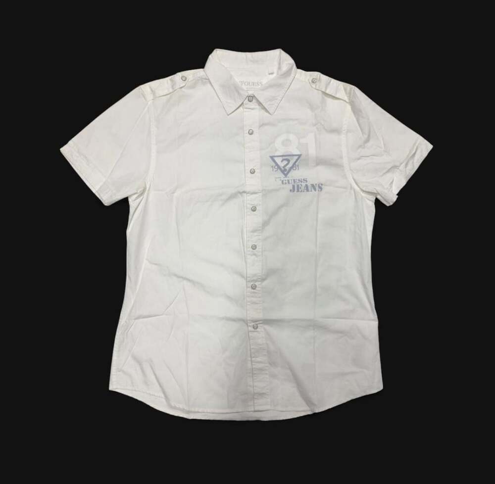 Guess Short Sleeve Slim Fit Button Up Shirt Size L White 1981